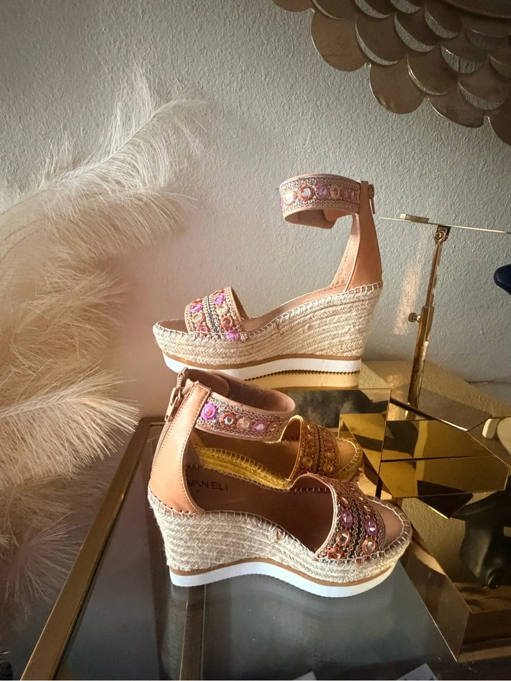 Van Eli Embellished Espadrille Wedge Sandals Ankle Strap Size 6.5M